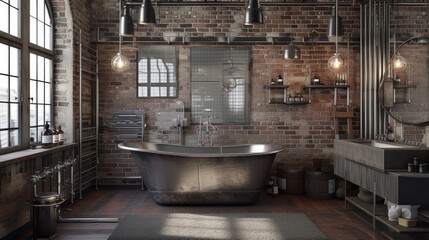A stylish industrial bathroom showcasing a large freestanding metal bathtub, exposed brick walls, and industrial lighting fixtures, all combining to create a modern yet rustic loft ambiance.