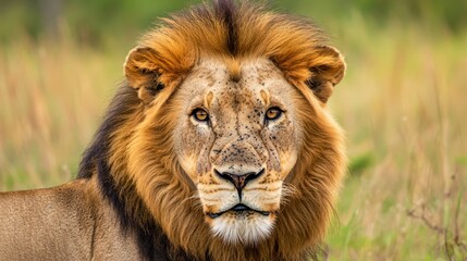 Obraz premium Animal Majesty. Produce a stunning close up of a wild lion in its natural habitat, highlighting the texture of its mane and the intensity of its gaze with high clarity