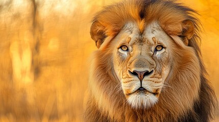 Obraz premium Animal Majesty. Produce a stunning close up of a wild lion in its natural habitat, highlighting the texture of its mane and the intensity of its gaze with high clarity