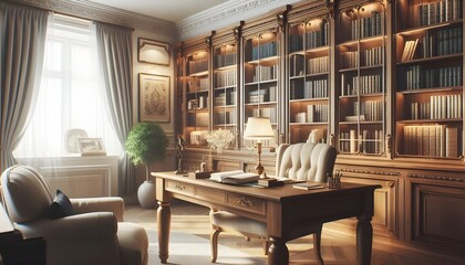 Fototapeta premium Elegant Study Room with Wooden Desk, Bookshelves, and Armchair in a Cozy Home Library Setting, Bright Lighting, Classic Decor, and a Serene Atmosphere for Reading and Concentration