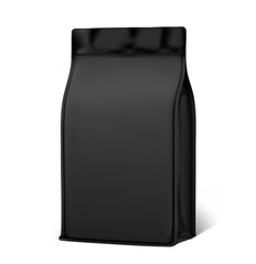 Vertical  black bag mockup. Flat bottom gusset bag. Half side view. High realistic. Vector illustration isolated on white background. Ready for use in presentation, promo, advertising and more. EPS10.