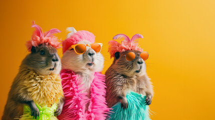 Beaver Birthday Bash, a playful gathering featuring beavers in vibrant, mismatched costumes against a lively backdrop, perfect for party invitations and celebrations.