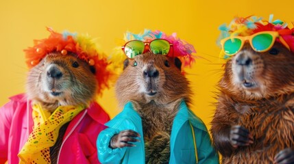 Beaver Birthday Bash, playful beavers don vibrant mismatched outfits celebrating a lively party, colorful background enhances festive invitation atmosphere, perfect for celebration invites.