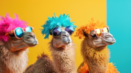 Colorful Camels in Quirky Outfits for a Fun Birthday Celebration, Vibrant Background, Playful Theme, Perfect for Invitations or Banners, Eye-Catching and Whimsical Design