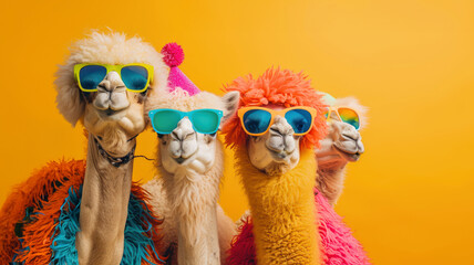 Whimsical Camels in Colorful Outfits, A vibrant and playful birthday party invitation featuring a group of camels dressed in mismatched attire against a bright backdrop.