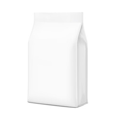 Vertical bag mockup. Flat bottom gusset bag. Half side view. High realistic. Vector illustration isolated on white background. Ready for use in presentation, promo, advertising and more. EPS10.	