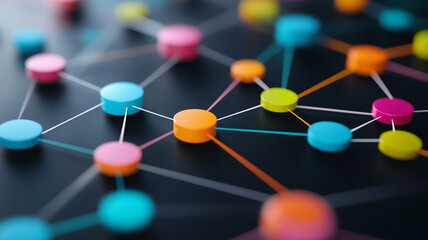 Colorful network nodes connected by lines create vibrant visual representation of business roadmap.