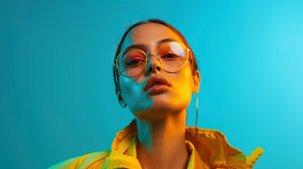 Androgynous Portrait, striking closeup of an androgynous individual in a vibrant yellow jacket and spectacles, set against bold neon lighting, dramatic and dynamic atmosphere, ample space for text.