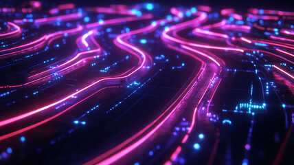 Futuristic digital roadmap with vibrant neon lights creating mesmerizing flow. intricate patterns evoke sense of advanced technology and innovation.
