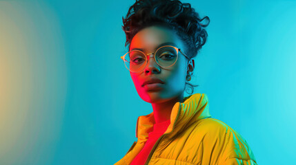 Androgynous Fashion Portrait, striking closeup of an androgynous figure wearing a vibrant yellow jacket and spectacles, set against dynamic neon fluorescent lighting with ample copy space.