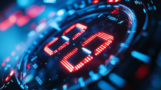 Closeup of countdown timer on digital display, showcasing vibrant red and blue lights. timer is set to zero, creating sense of anticipation.
