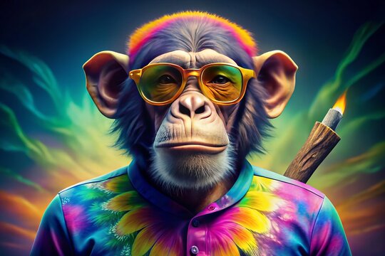 A laid-back monkey puffs on a joint, sporting a psychedelic tie-dye shirt and shades, exuding a carefree vibe on a sun-kissed day.