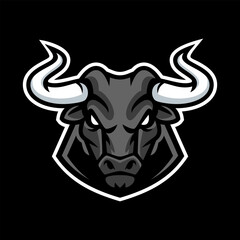 Angry bull head mascot logo on black background. Aggressive bull icon.