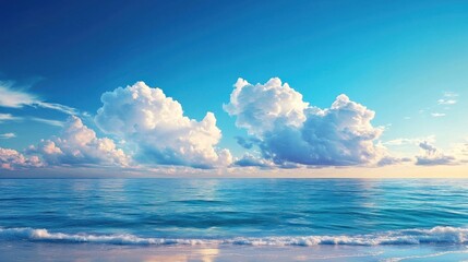 Obraz premium Sky Blue,Cloud Background,Horizon Spring Clear Sky in Morning by the beach,Vector beautiful landscape nature sunrise in Summer,Backdrop panoramic banner white clouds over blue ocean,Sunset landscape