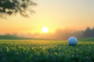 Golf teeing ground in golf course with sunrise background , ai