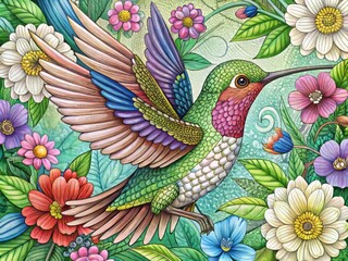 A hummingbird's iridescent feathers glisten amidst vibrant flowers, its beak hovered above a cup-shaped bloom as it sips sweet nectar, its wings a blur of motion.