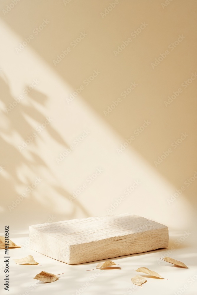 Poster minimalist wooden podium on beige gradient background with floating leaves
