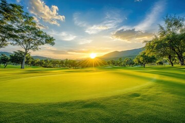 Golf teeing ground in golf course with sunrise background , ai