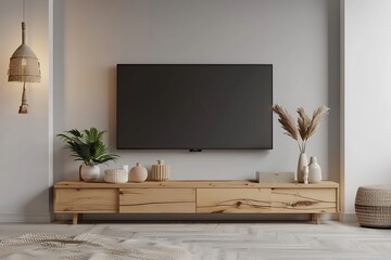 Mockup a cabinet television wall mounted with decoration in living room and white wall- 3D rendering