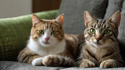 Two cute cats looking to camera while lying on sofa and chilling