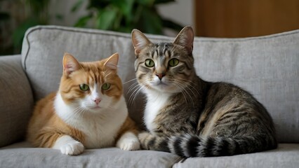 Obraz premium Two cute cats looking to camera while lying on sofa and chilling
