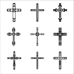 Christian cross vector icon symbols.  Abstract christian religious belief or faith art illustration for orthodox or catholic design. The symbol of the cross in various designs used in tattoo.