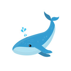 Whale  cartoon character cute childish  illustration Vector whale isolated on white background Flat design element