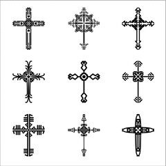 Christian cross vector icon symbols.  Abstract christian religious belief or faith art illustration for orthodox or catholic design. The symbol of the cross in various designs used in tattoo.