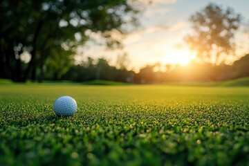 Golf teeing ground in golf course with sunrise background , ai
