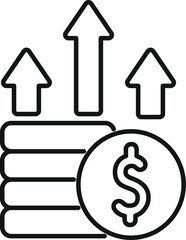 Line art vector of a dollar coin increasing in value with three upward arrows
