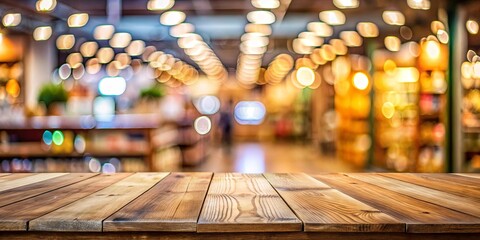 Blurred table with bokeh background showcasing products