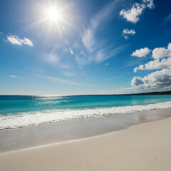 Obraz premium A stunning blue sky dotted with white clouds, a gleaming sun, crystal-clear beach waters, and fine white 