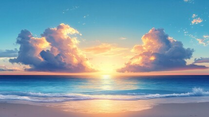 Fototapeta premium Sky Blue,Cloud Background,Horizon Spring Clear Sky in Morning by the beach,Vector beautiful landscape nature sunrise in Summer,Backdrop panoramic banner white clouds over blue ocean,Sunset landscape
