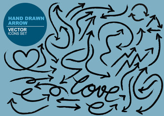 Hand-drawn arrow vector icons design element vector illustration. Sketch arrow design for business plan and education—set of arrows with black icons. 