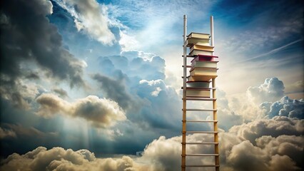 Abstract ladder ascending stack of books against clouds backdrop symbolizing growth and education