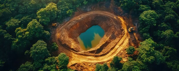 Aerial view of a serene water body nestled in lush greenery, surrounded by earthy tones and rich vegetation.