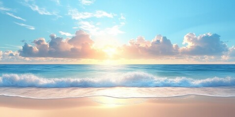 Obraz premium Sky Blue,Cloud Background,Horizon Spring Clear Sky in Morning by the beach,Vector beautiful landscape nature sunrise in Summer,Backdrop panoramic banner white clouds over blue ocean,Sunset landscape