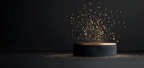 Obraz premium A circular black podium with a golden rim sits against a dark background, showcasing dynamic gold particles floating gracefully, creating an aura of luxury and sophistication. Luxury Podium Concept