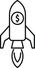 Simple line drawing of a rocket taking off with a dollar coin inside, representing a successful business startup