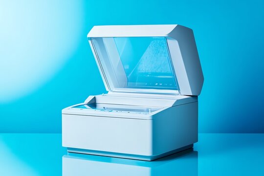 White Scanner with Open Lid on Blue Background
