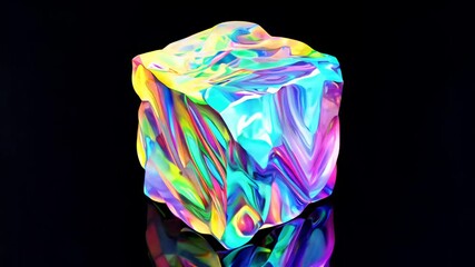 Realistic 3D animation of the abstract morphing liquid iridescent rainbow cube with a multifaceted surface rendered in UHD