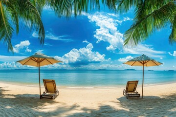 Obraz premium Beautiful panoramic sea sand sky. Tropical relax beach sunny summer island landscape. Love couple chairs umbrella palm leaves romantic coast. Luxury travel destination. Honeymoon vacation best , ai
