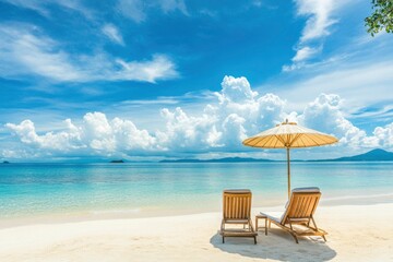 Fototapeta premium Beautiful panoramic sea sand sky. Tropical relax beach sunny summer island landscape. Love couple chairs umbrella palm leaves romantic coast. Luxury travel destination. Honeymoon vacation best , ai