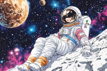 World Space Week. Illustration about space and an astronaut. The astronaut explores new unexplored worlds and admires outer space. Book illustration for science fiction or fantasy. Future space