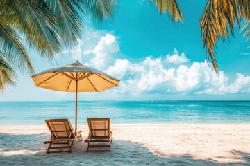Obraz premium Beautiful panoramic sea sand sky. Tropical relax beach sunny summer island landscape. Love couple chairs umbrella palm leaves romantic coast. Luxury travel destination. Honeymoon vacation best , ai