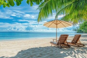 Obraz premium Beautiful panoramic sea sand sky. Tropical relax beach sunny summer island landscape. Love couple chairs umbrella palm leaves romantic coast. Luxury travel destination. Honeymoon vacation best , ai