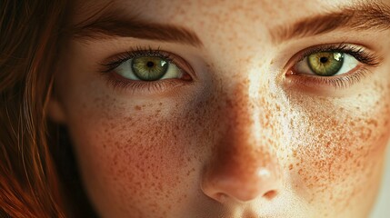 Fototapeta premium Close Up Portrait of Woman with Freckles and Green Eyes