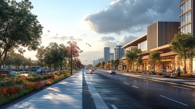 A side view of modern urban roads showcases concise urban design elements and clean road surfaces, capturing dynamic infrastructure and modern architectural styles. Busy metropolitan atmosphere.