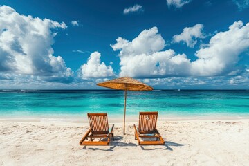 Beautiful panoramic sea sand sky. Tropical relax beach sunny summer island landscape. Love couple chairs umbrella palm leaves romantic coast. Luxury travel destination. Honeymoon vacation best , ai