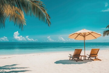 Beautiful panoramic sea sand sky. Tropical relax beach sunny summer island landscape. Love couple chairs umbrella palm leaves romantic coast. Luxury travel destination. Honeymoon vacation best , ai